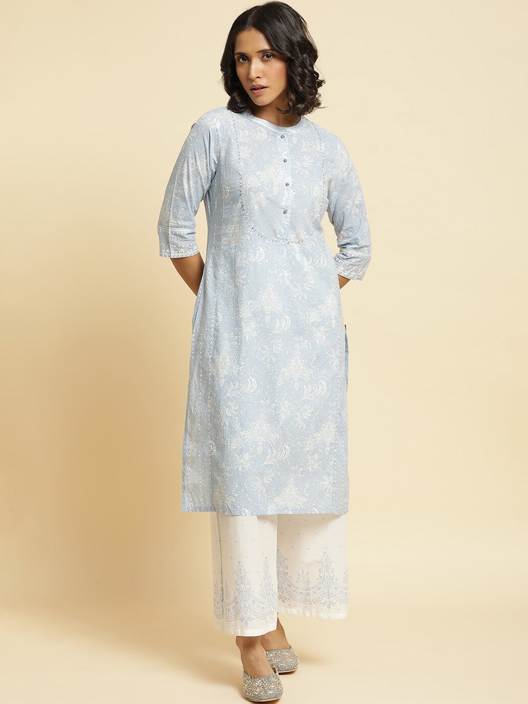 

W Blue Floral Printed Regular Sequinned Pure Cotton Kurta with Trousers