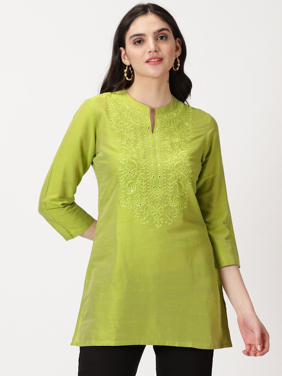 

Saffron Threads Mirror Accents Embroidered Kurti, Green