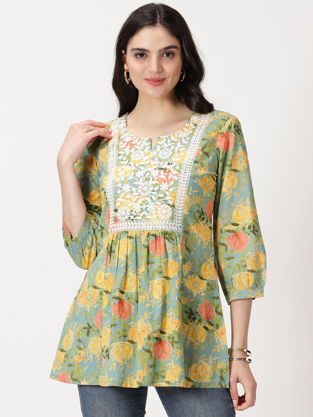 

Saffron Threads Green Floral Printed & Chikankari Embroidered Yoke Tunic