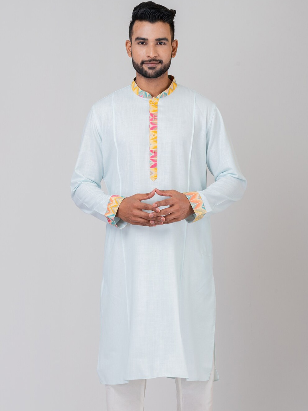 

HU - Handcrafted Uniquely Yoke Design Mandarin Collar Pastels Straight Kurta, Blue