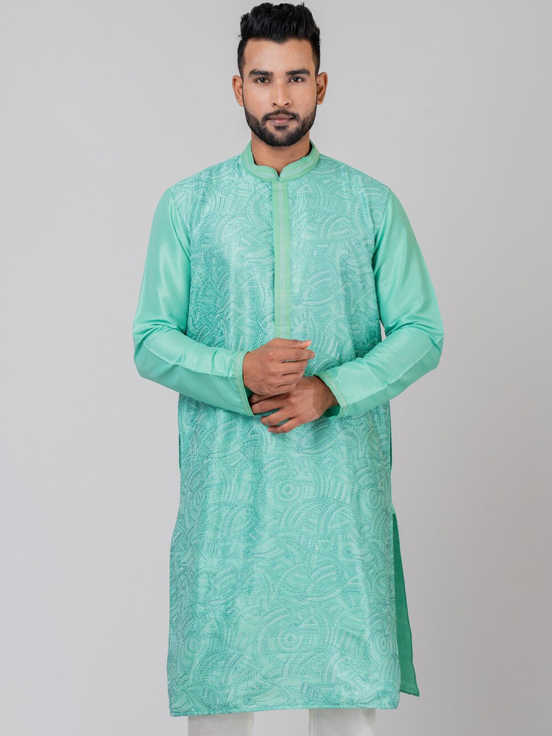 

HU - Handcrafted Uniquely Embroidered Mandarin Collar Straight Kurta, Sea green