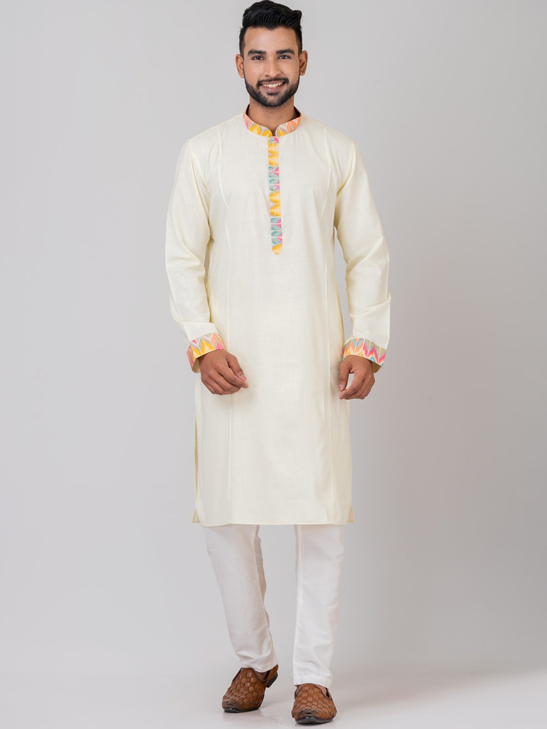 

HU - Handcrafted Uniquely Mandarin Collar Straight Cotton Kurta, Yellow