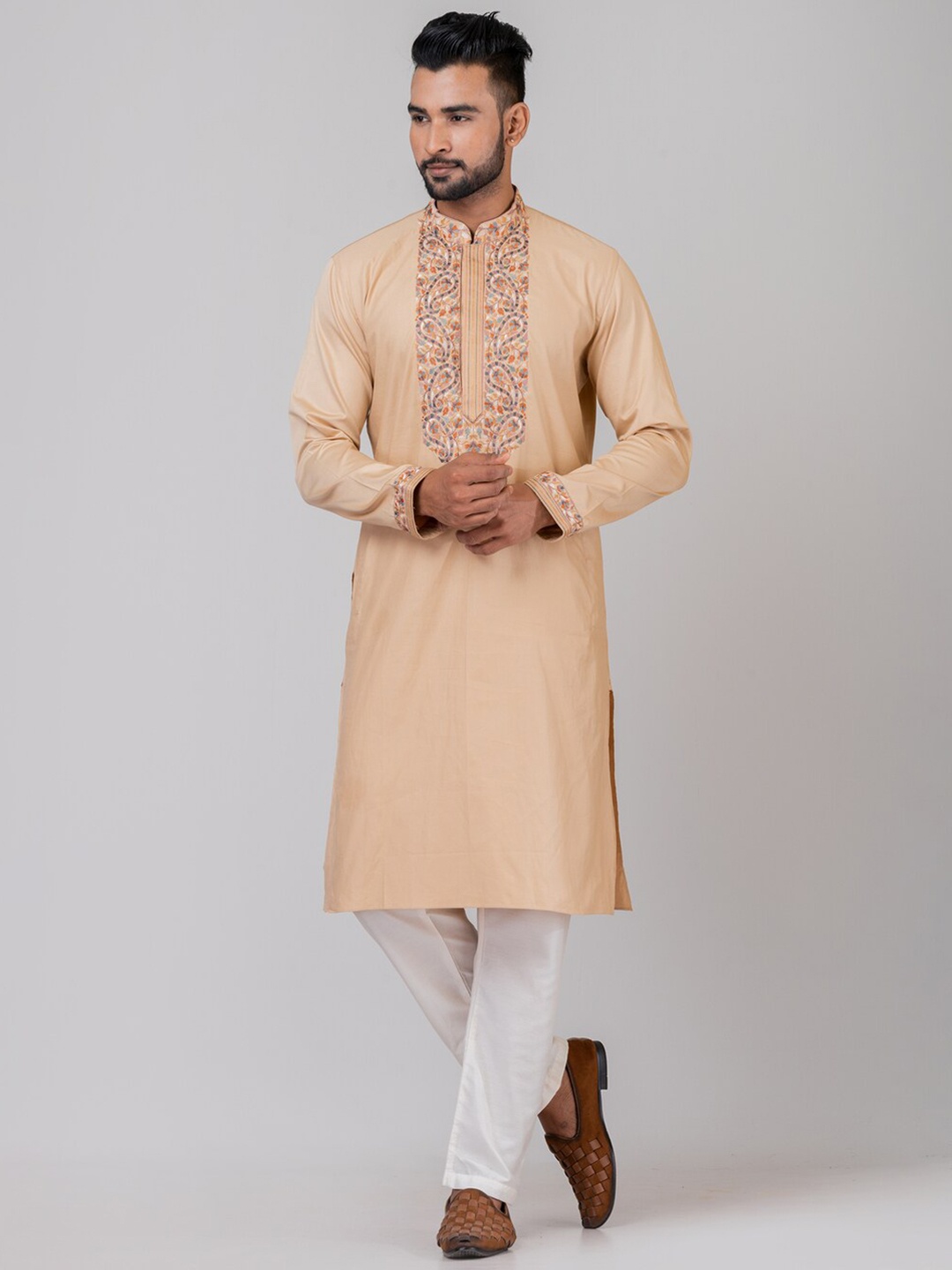 

HU - Handcrafted Uniquely Paisley Yoke Design Thread Work Kurta, Beige