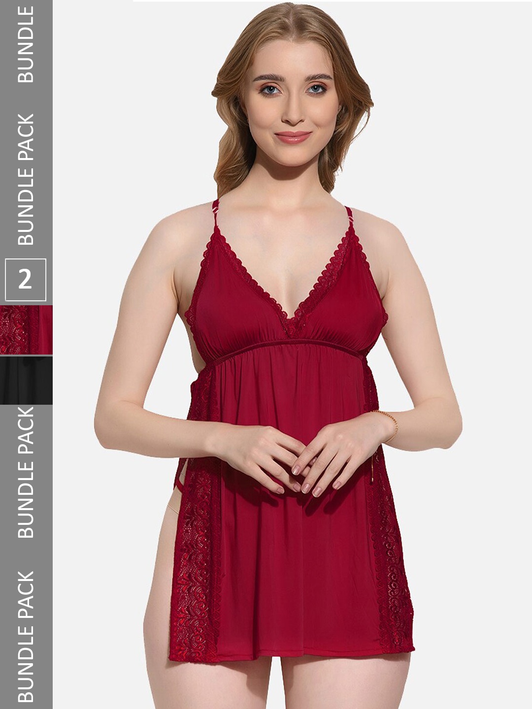 

FIMS Pack Of 2 Self Design Shoulder Straps Net Baby Doll, Maroon