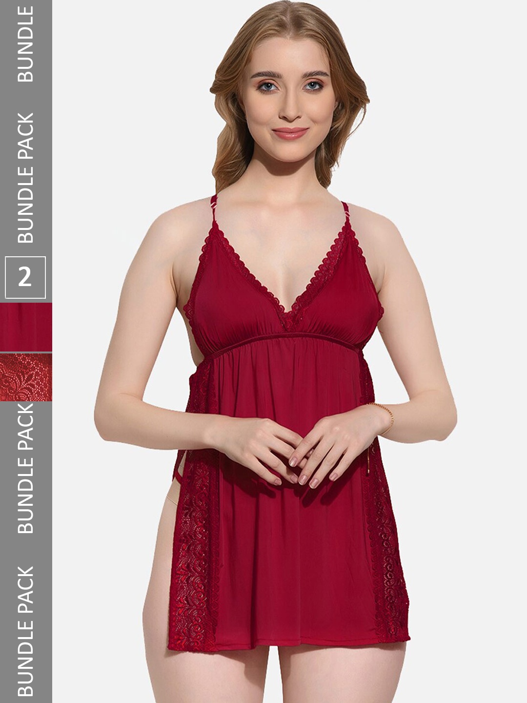

FIMS Pack Of 2 Self Design Shoulder Straps Net Baby Doll, Maroon