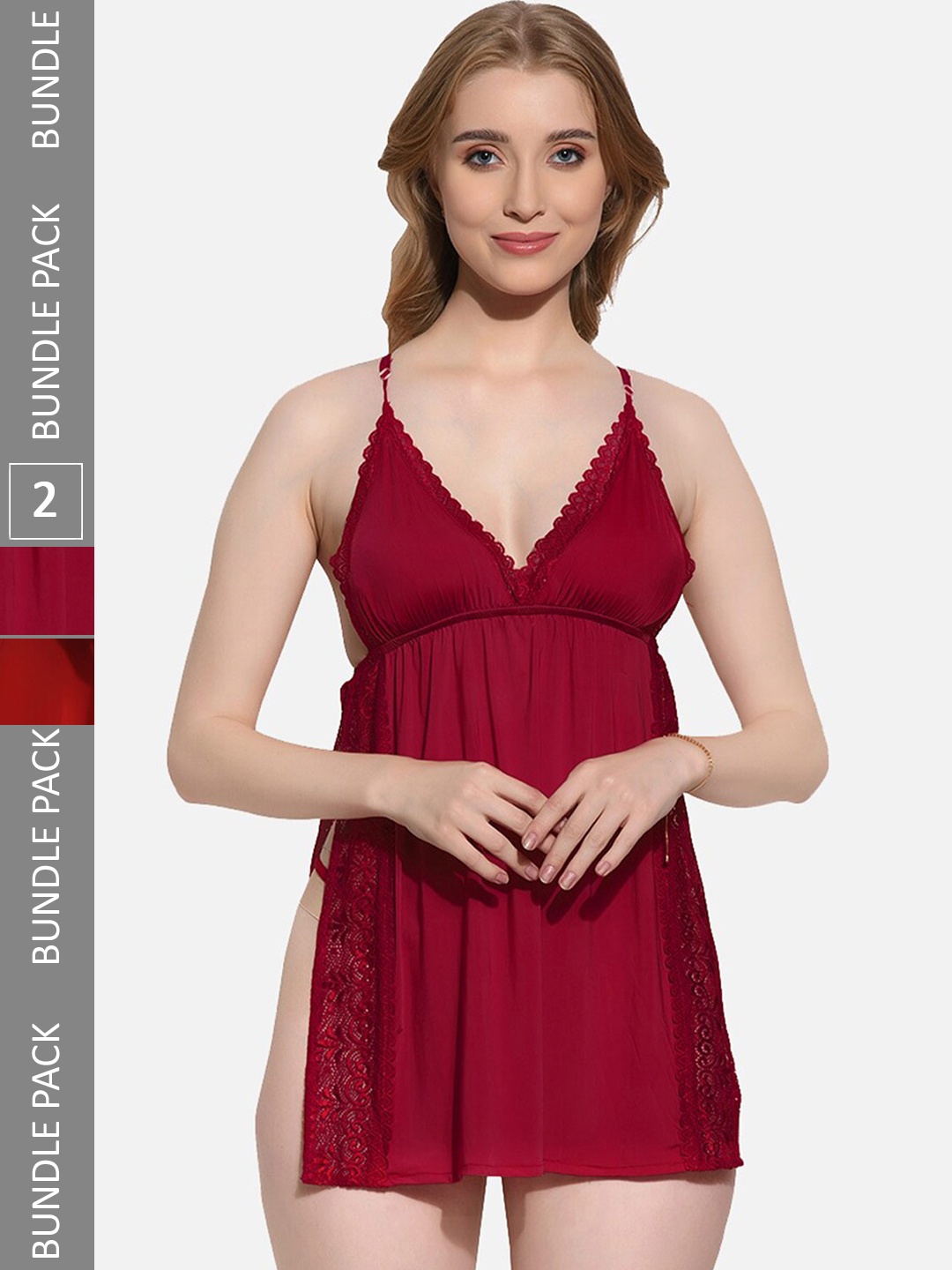 

FIMS Pack Of 2 Self Design Net Baby Doll, Maroon