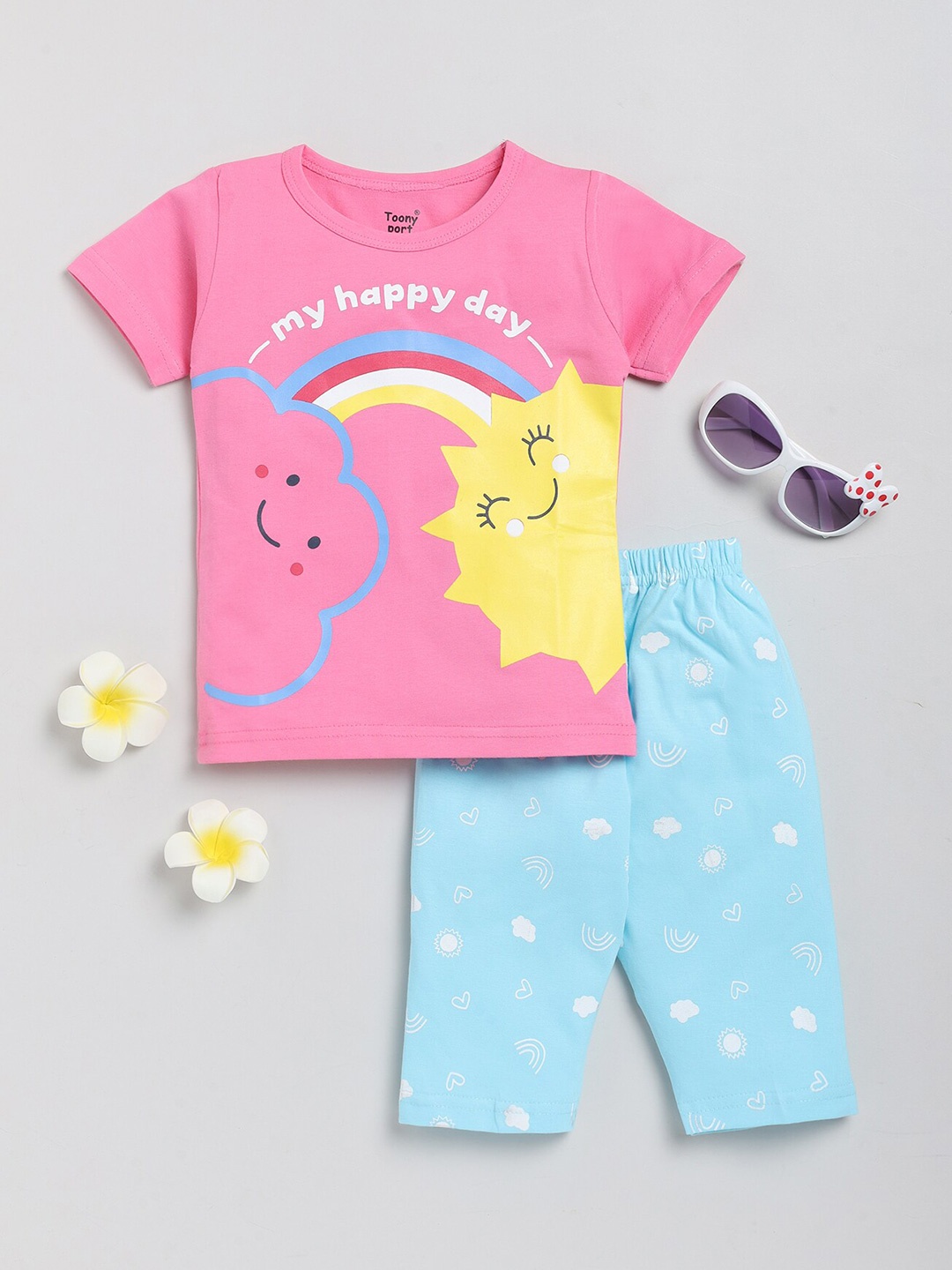 

Toonyport Girls Printed Pure Cotton T-shirt with Shorts, Pink