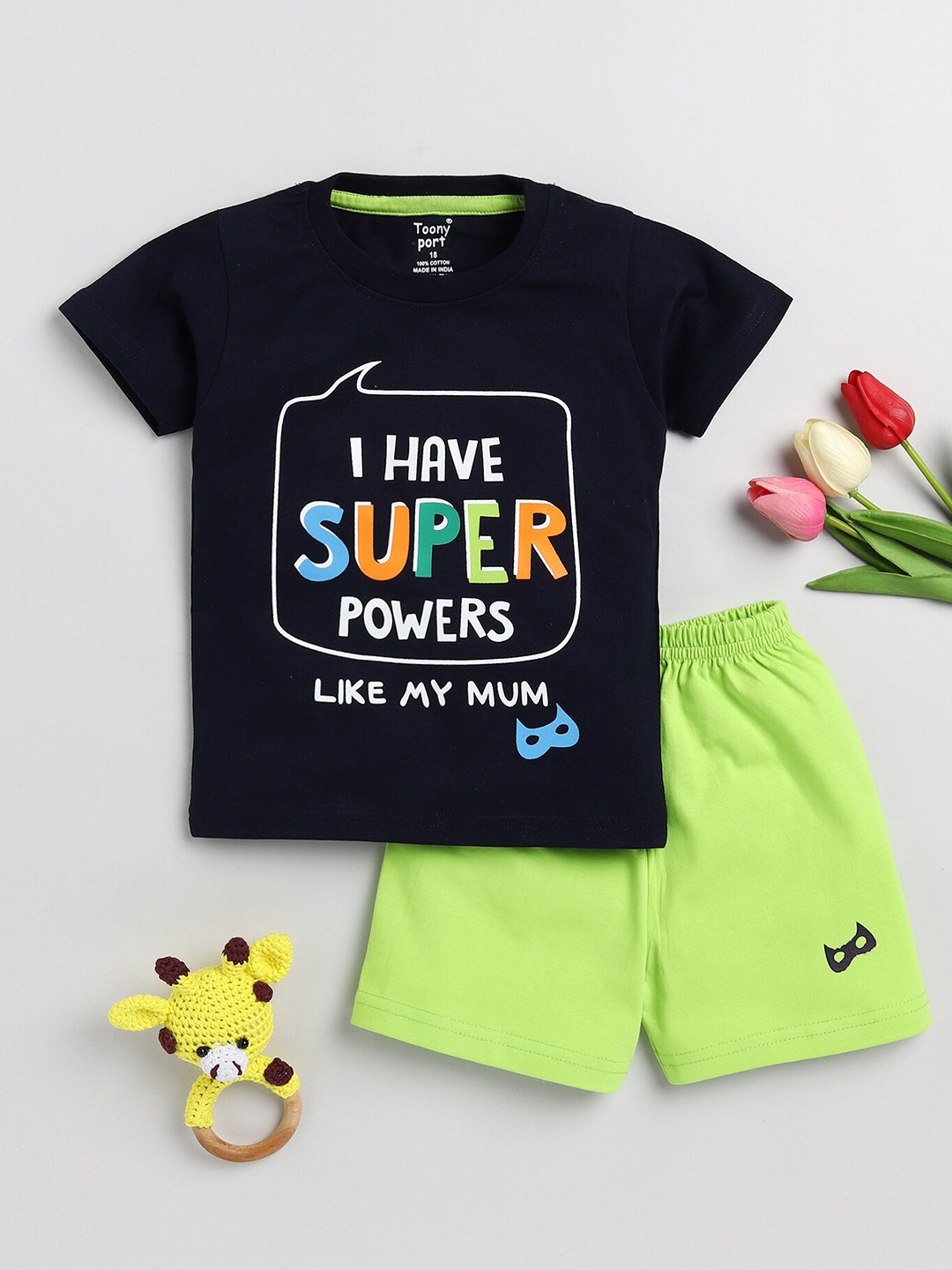 

Toonyport Boys Printed Pure Cotton T-shirt with Shorts, Navy blue