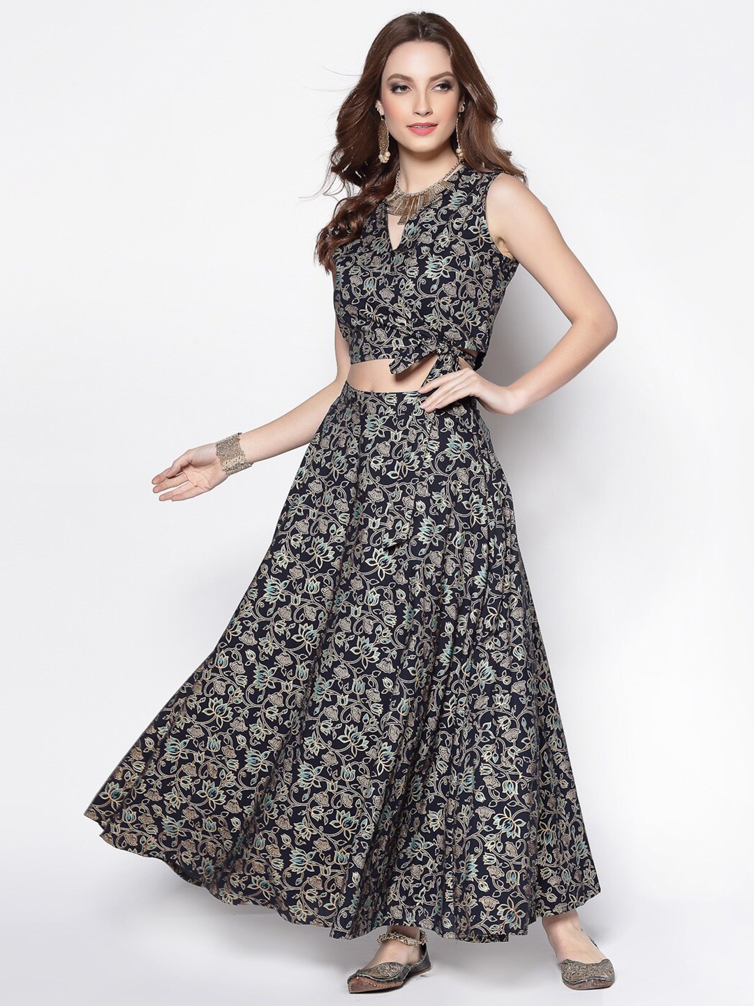 

Sera Floral Printed Ready to Wear Cotton Lehenga & Blouse, Navy blue