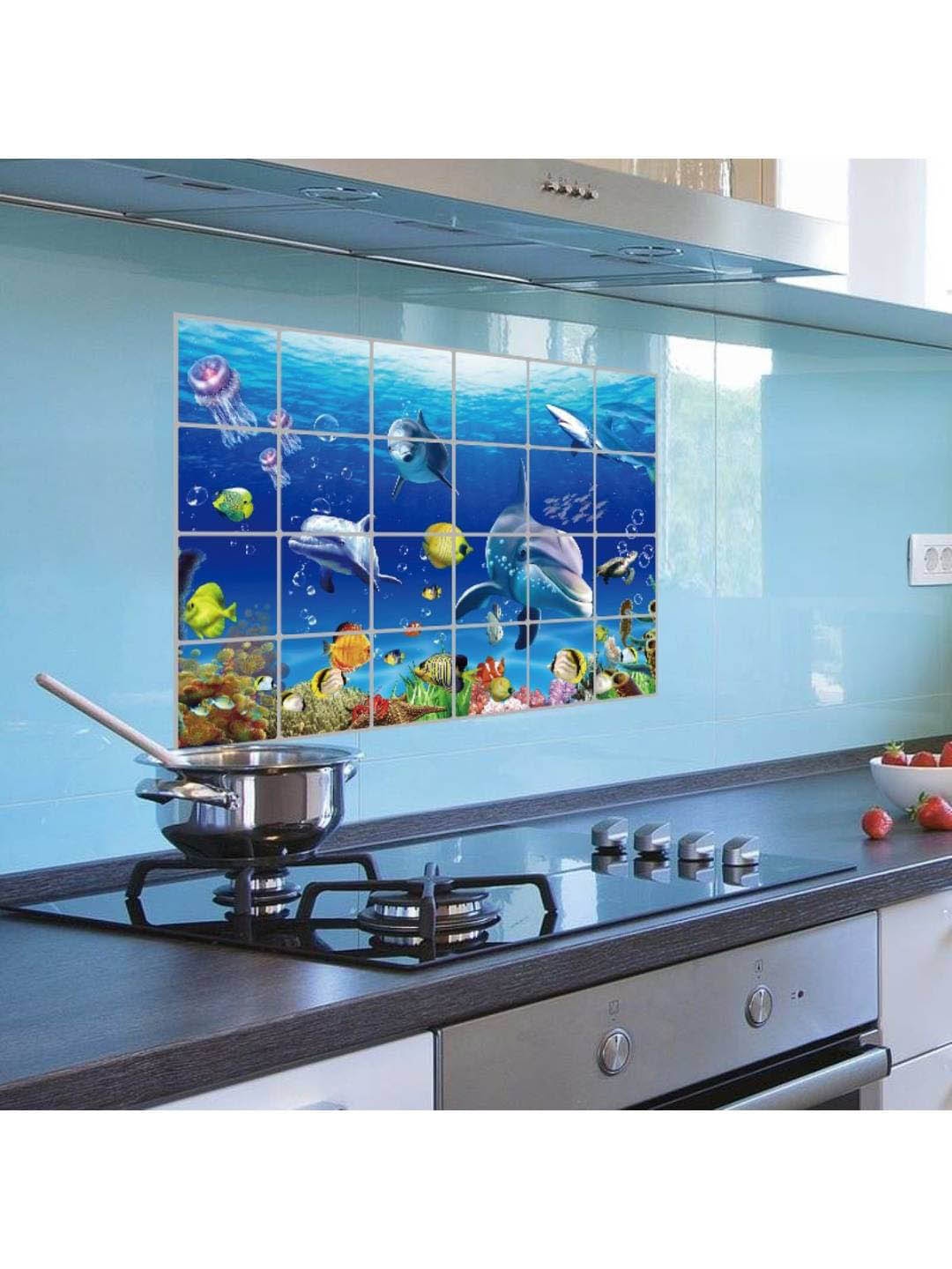 

Jaamso Royals Blue Dolphine Printed Self-Adhesive Oil Proof Kitchen Wall Sticker