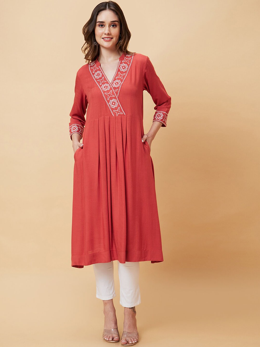 

Globus Women Embroidered Pleated A-Line Kurta, Brown