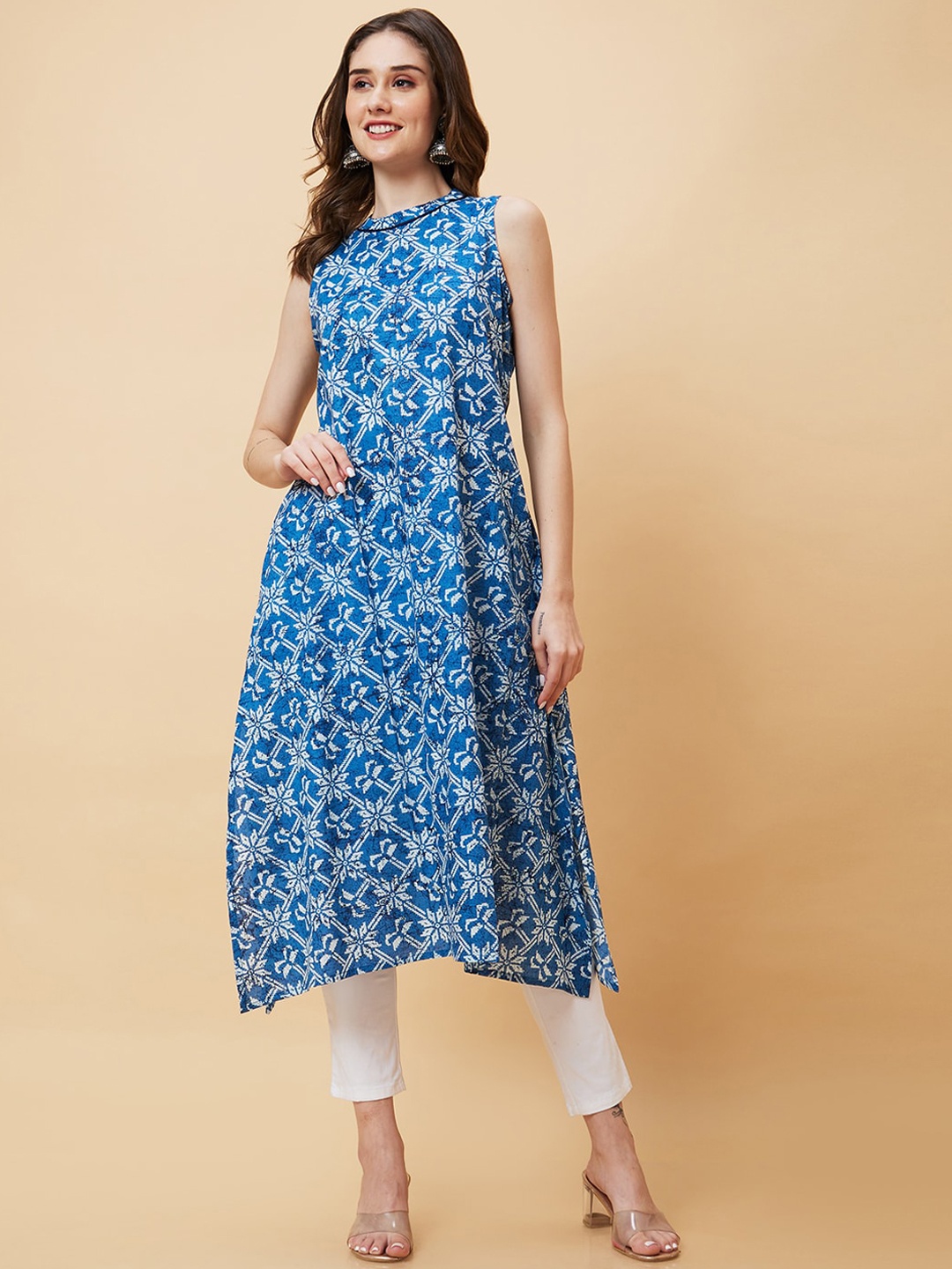 

Globus Floral Printed Sleeveless Pure Cotton Anarkali Kurta, Blue