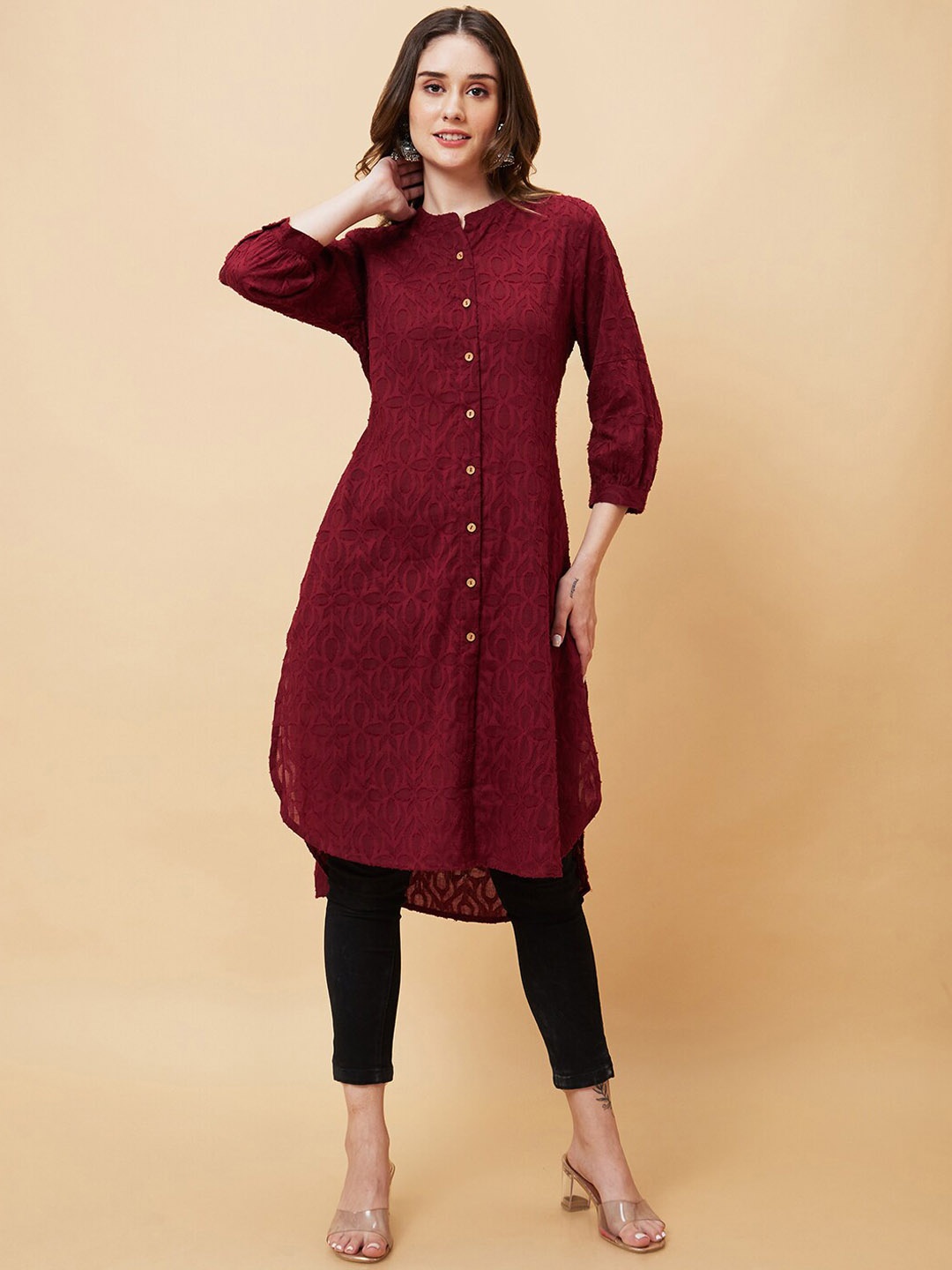 

Globus Floral Woven Design Pure Cotton High-Low A-line Kurta, Maroon