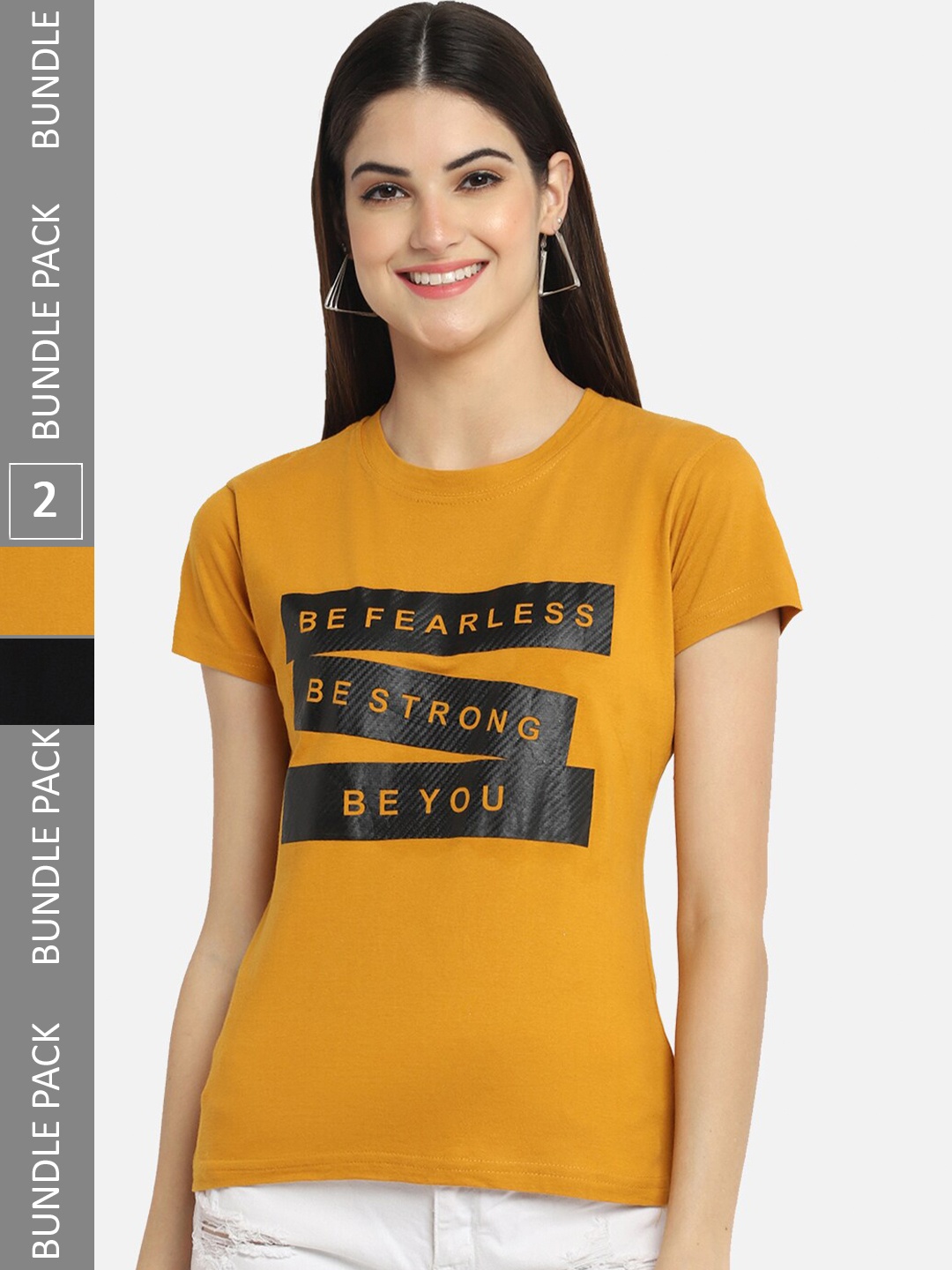 BAESD Pack Of 2 Typography Printed Cotton T-Shirt, Mustard