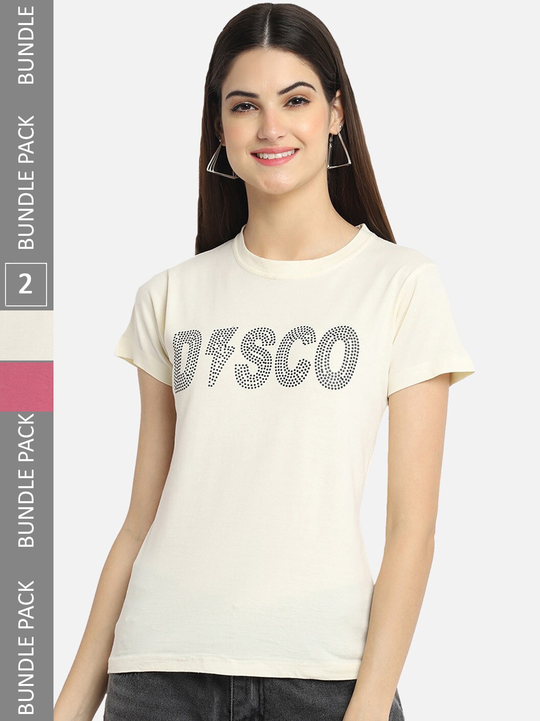 BAESD Pack Of 2 Typographic Printed Cotton T-shirt, Cream