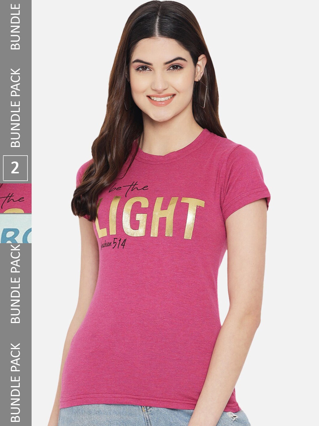 

BAESD Pack Of 2 Printed Round Neck Cotton Regular T-shirt, Pink