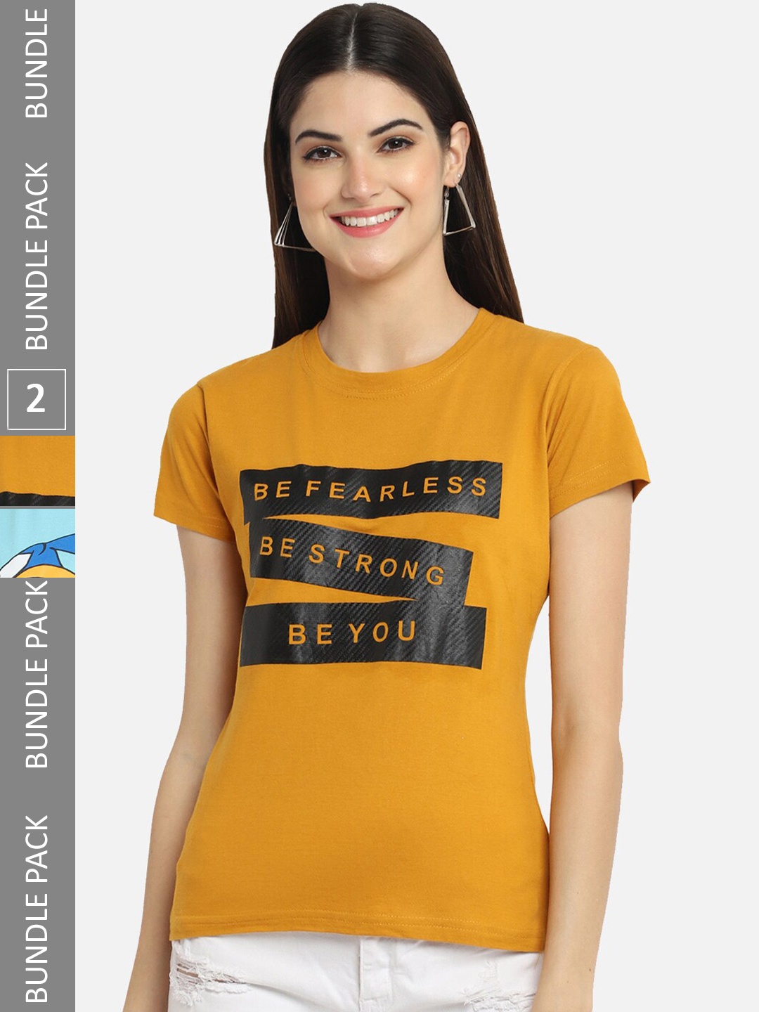 BAESD Pack Of 2 Typography Printed Cotton T-shirt, Mustard