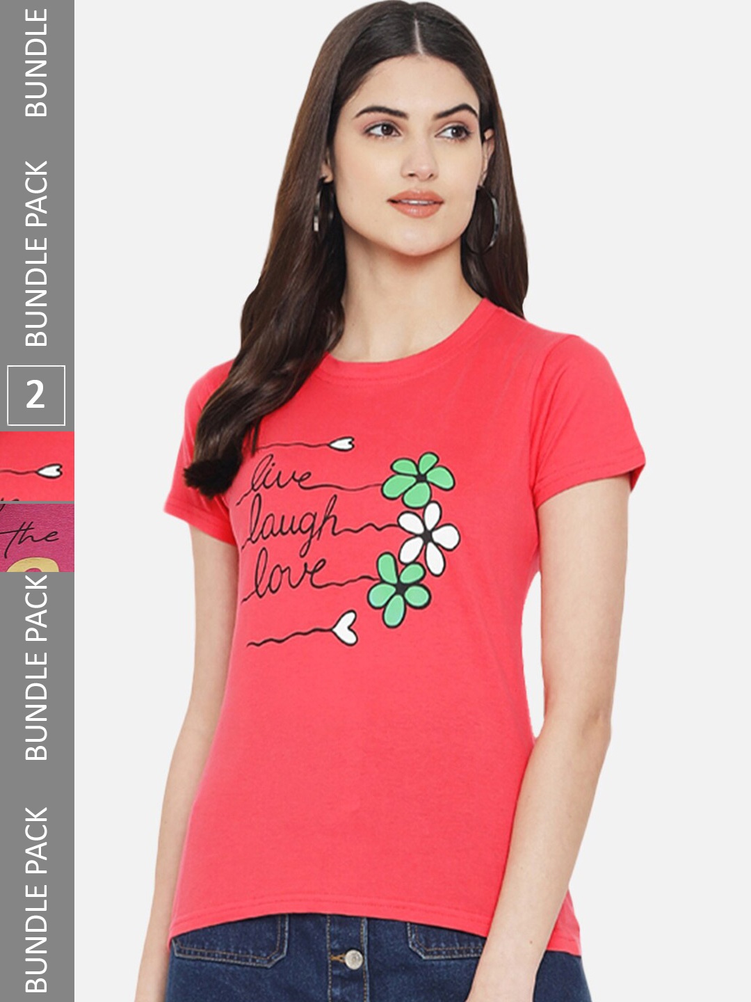 

BAESD Pack Of 2 Typography Printed Cotton T-shirt, Coral