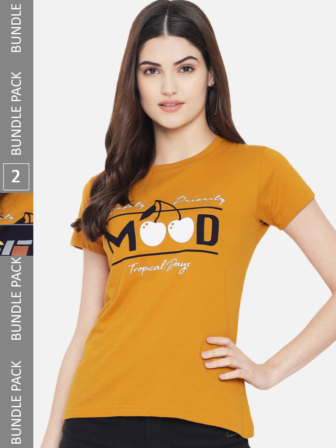 BAESD Pack Of 2 Printed Cotton T-Shirt, Mustard