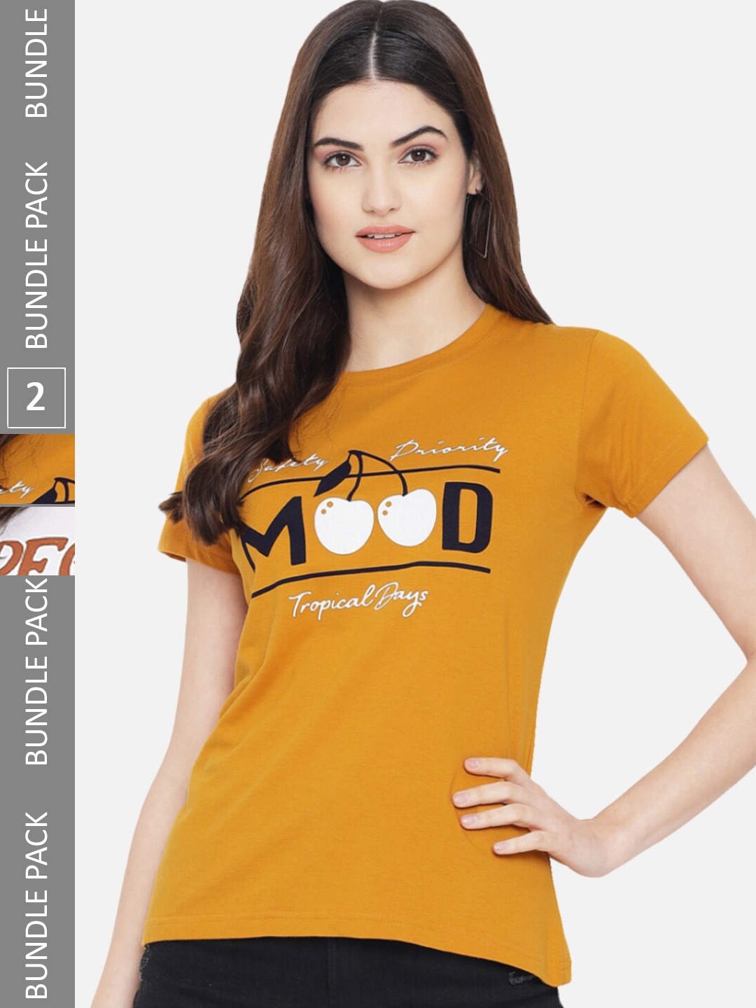 BAESD Pack Of 2 Printed Cotton T-Shirts, Mustard