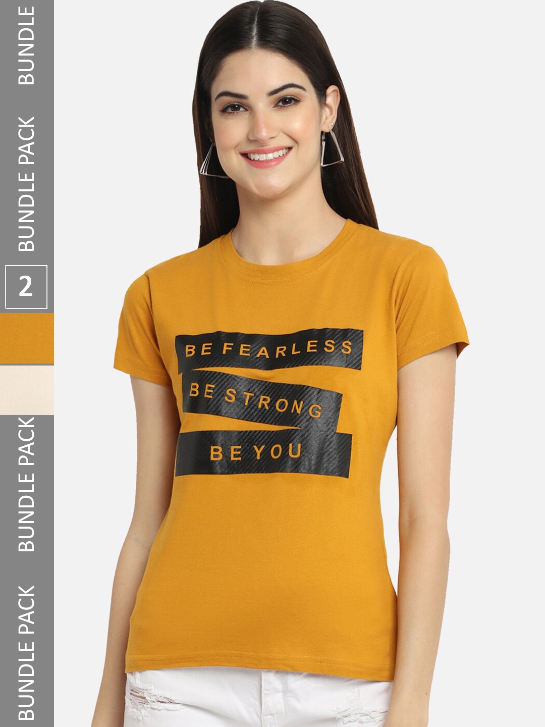 BAESD Pack Of 2 Typography Printed Cotton T-shirt, Mustard