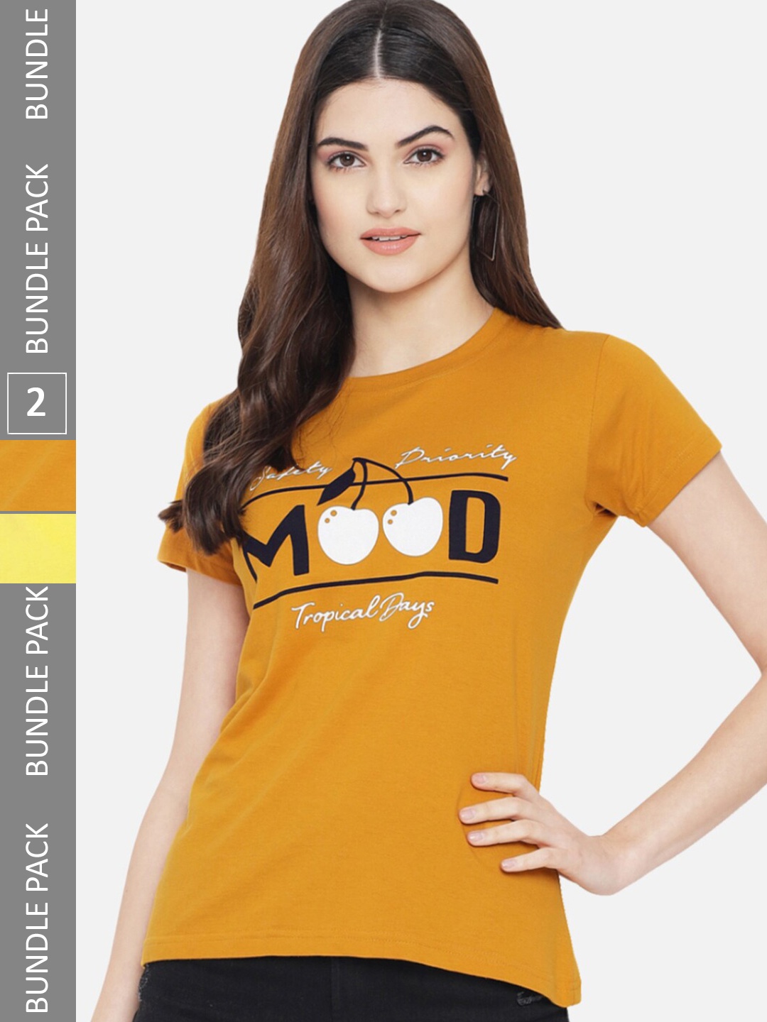 

BAESD Pack of 2 Typography Printed Cotton T-shirt, Mustard