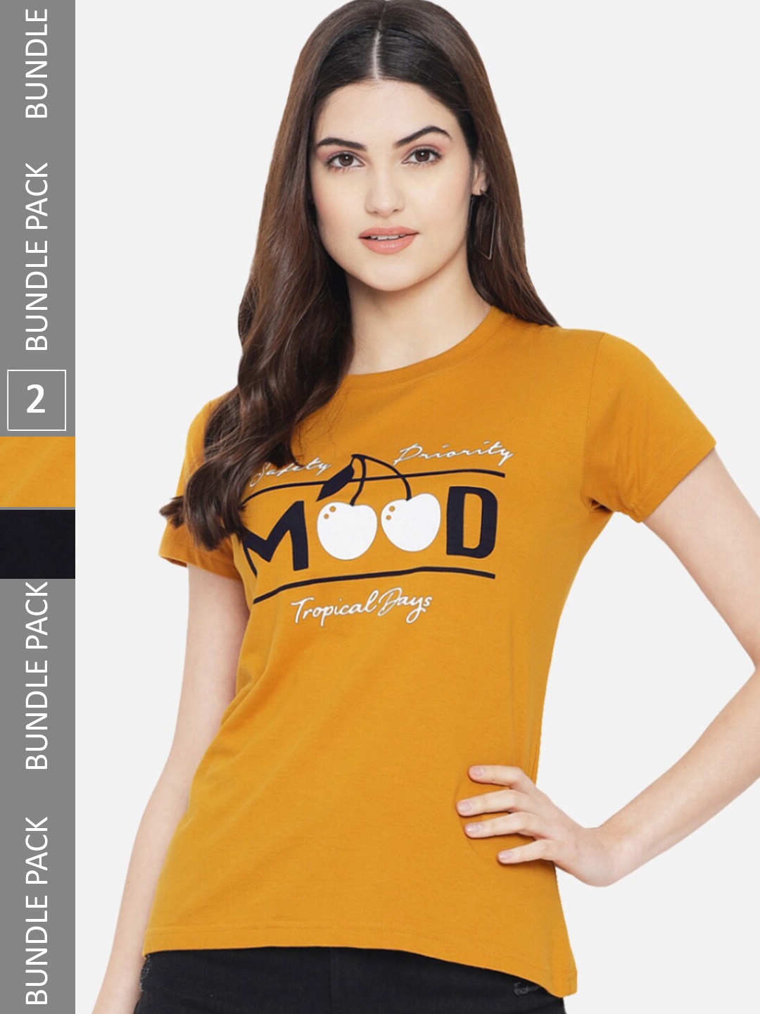 BAESD Pack Of 2 Printed Round Neck Cotton Regular T-shirt, Mustard