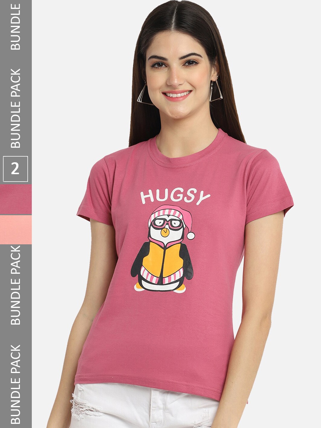 

BAESD Pack Of 2 Printed Round Neck Cotton Regular T-shirt, Pink