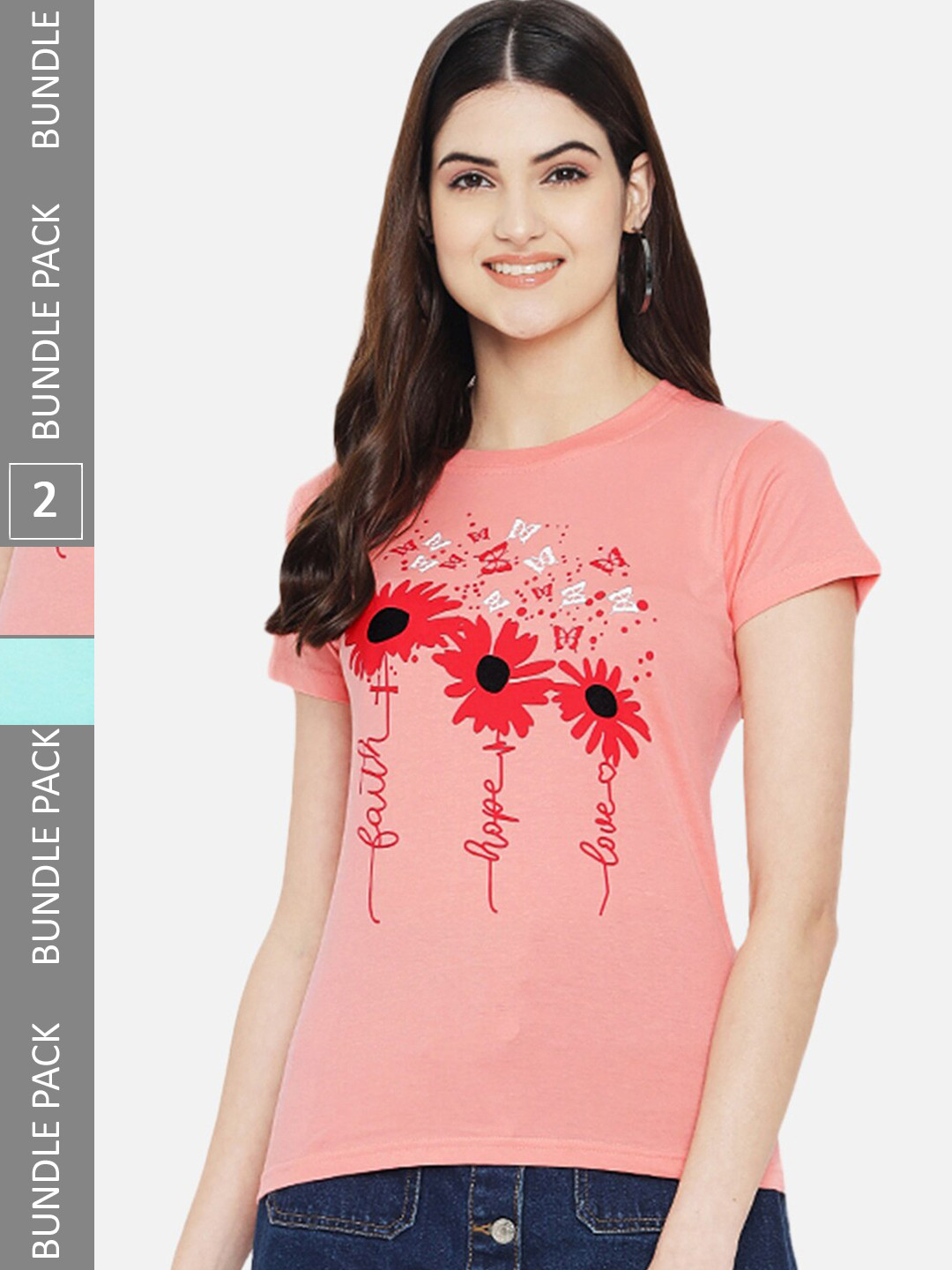 

BAESD Pack Of 2 Printed Round Neck Cotton Regular T-shirt, Pink