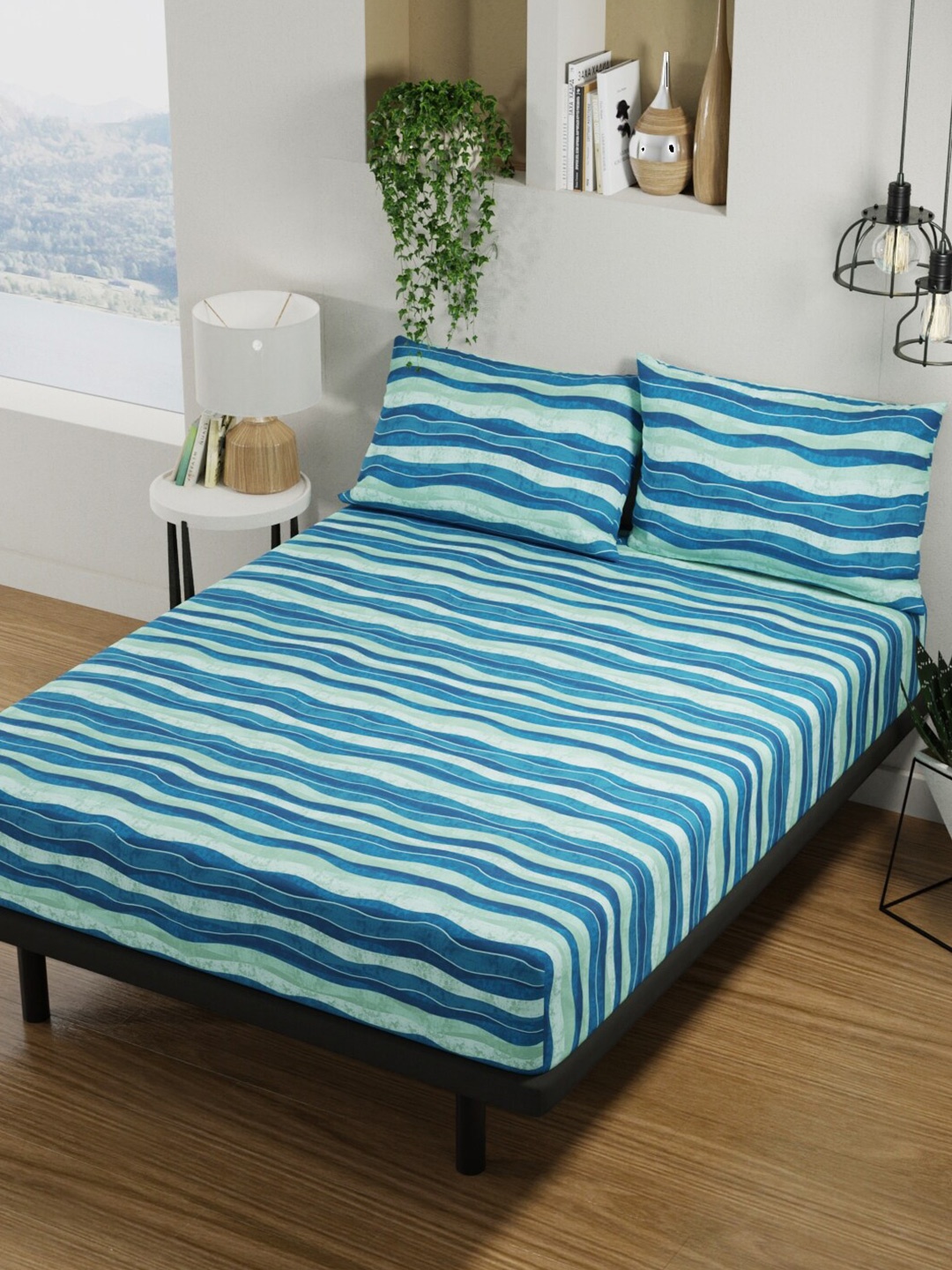 

BIANCA Platinum Blue Striped Pure Cotton 144 TC Queen Bedsheet With 2 Pillow Covers