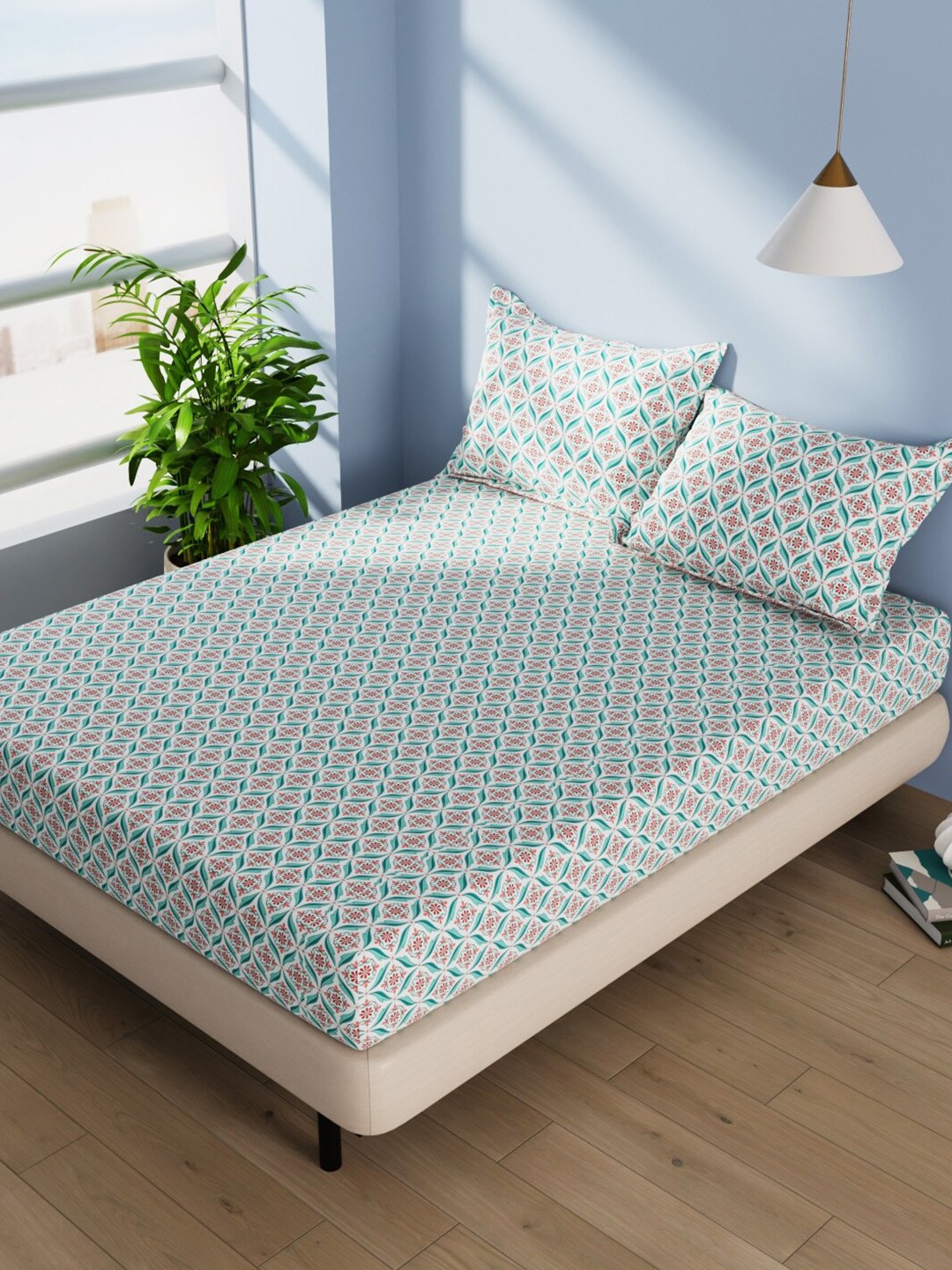 

BIANCA Serina Teal & White Floral Cotton 144 TC Queen Bedsheet with 2 Pillow Covers