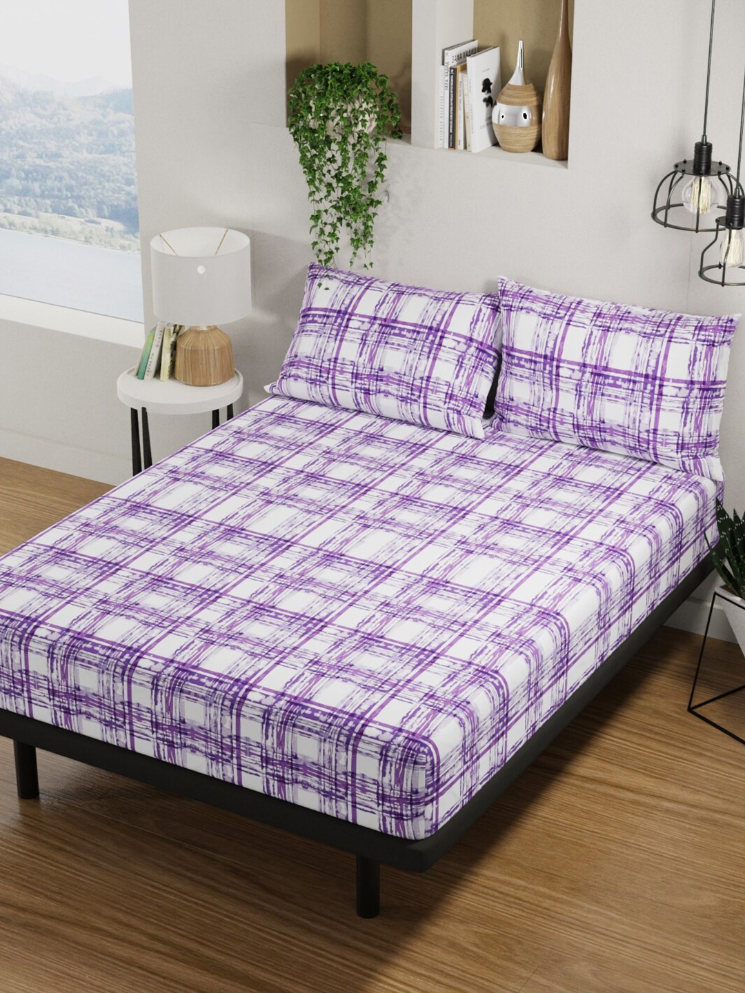 

BIANCA White & Violet Geometric Pure Cotton 144 TC Queen Bedsheet with 2 Pillow Covers