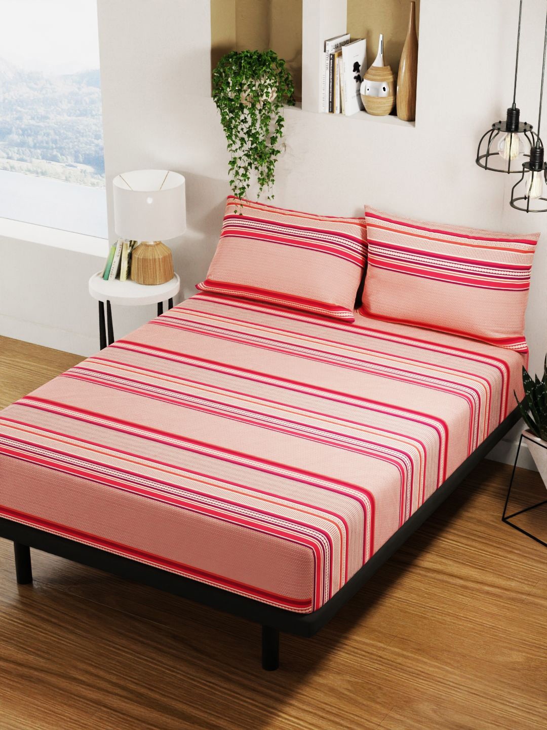 

BIANCA Red & White Geometric Pure Cotton 144 TC Queen Bedsheet with 2 Pillow Covers