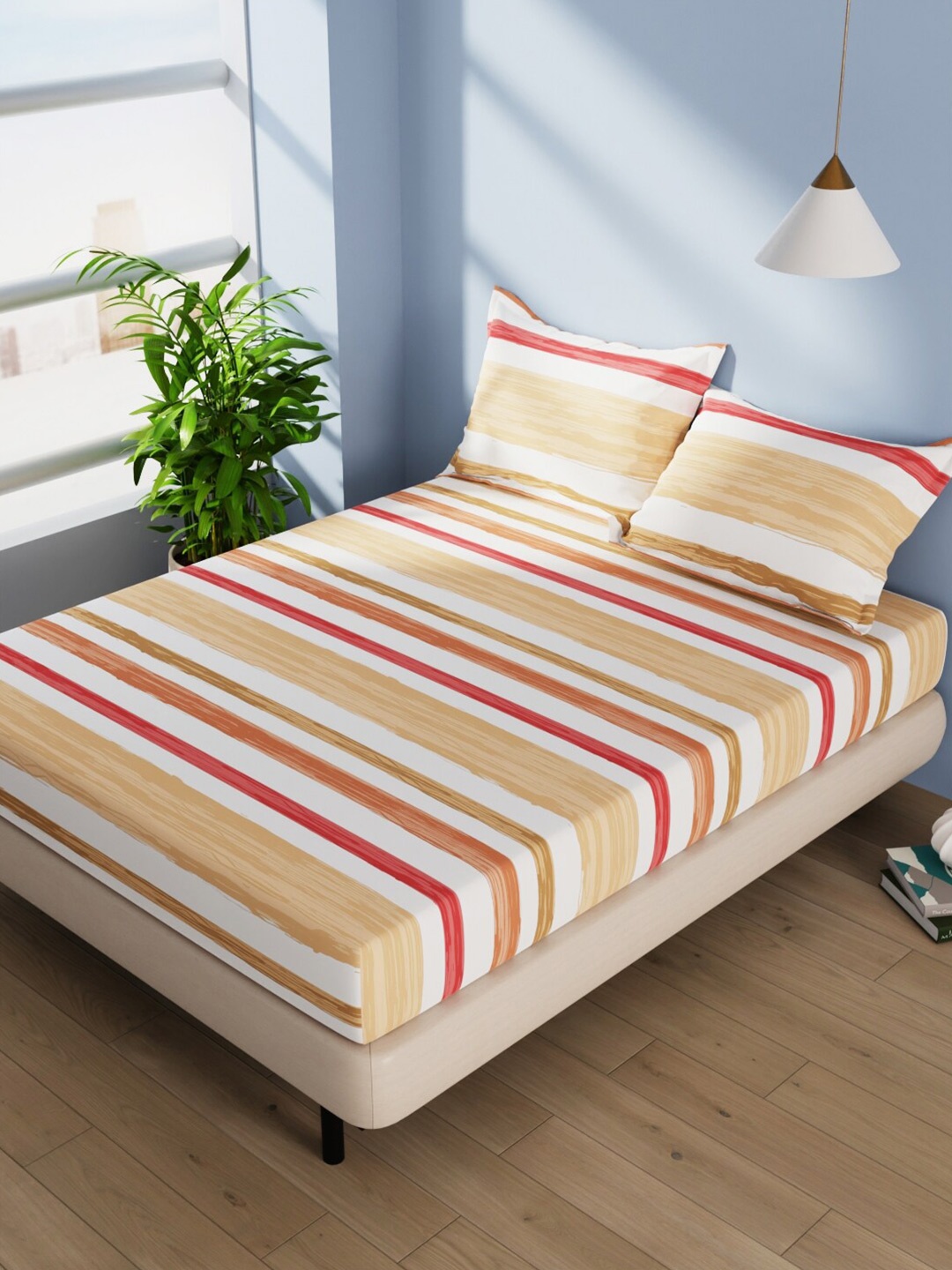 

BIANCA Serina Beige & Red Striped Cotton 144 TC Queen Bedsheet With 2 Pillow Covers