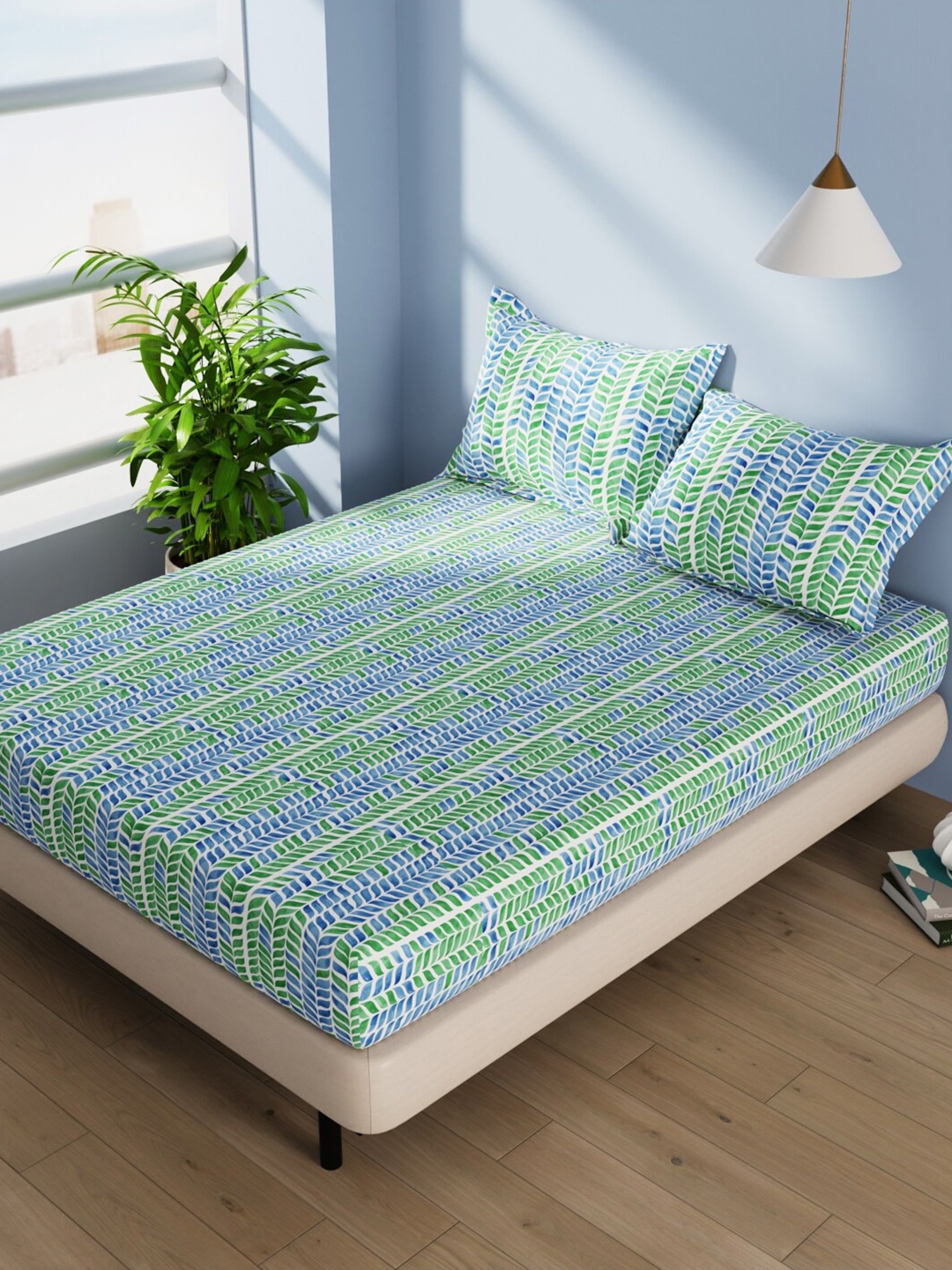 

BIANCA Serina Blue & Green Printed Cotton 144 TC Queen Bedsheet with 2 Pillow Covers