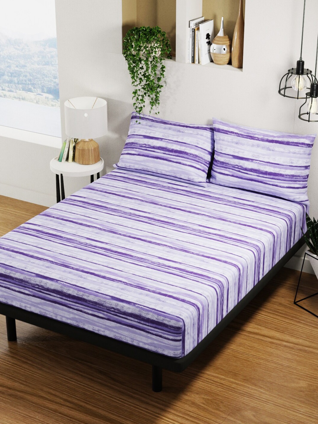 

BIANCA Platinum Purple Striped 144 TC Pure Cotton Queen Bedsheet with 2 Pillow Covers