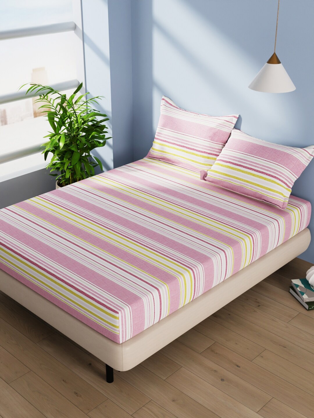 

BIANCA Serina Pink & White Striped Cotton 144 TC Queen Bedsheet With 2 Pillow Covers