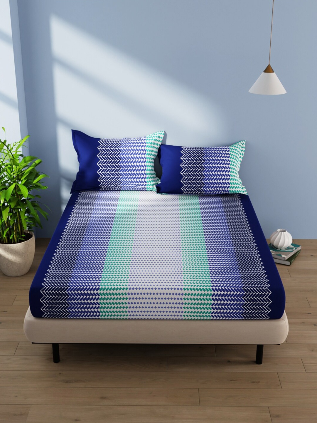 

BIANCA Serina Blue & White Geometric Cotton 144 TC Queen Bedsheet With 2 Pillow Covers