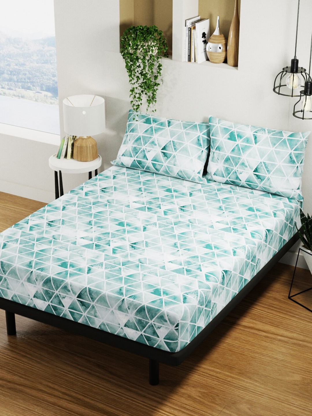 

BIANCA Teal Green & White Geometric Pure Cotton 144 TC Queen Bedsheet with 2 Pillow Covers