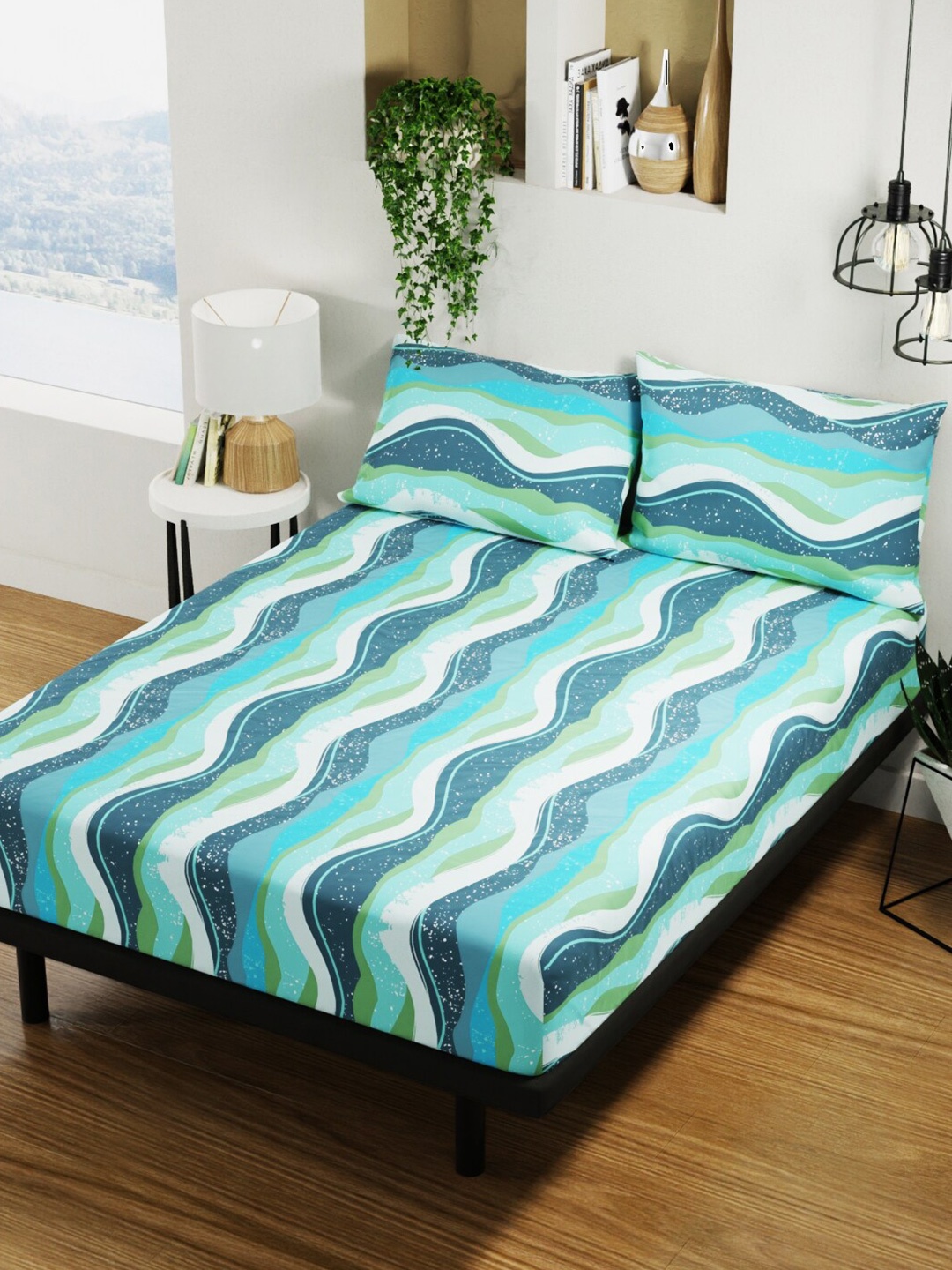 

BIANCA Platinum Blue & Green Printed Pure Cotton 144 TC Queen Bedsheet Set