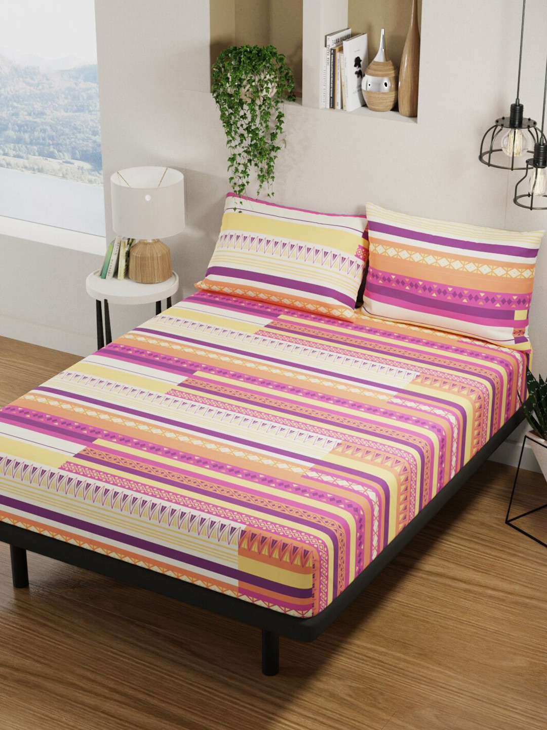 

BIANCA Platinum Yellow & Purple Printed Cotton 144 TC Queen Bedsheet with 2 Pillow Covers