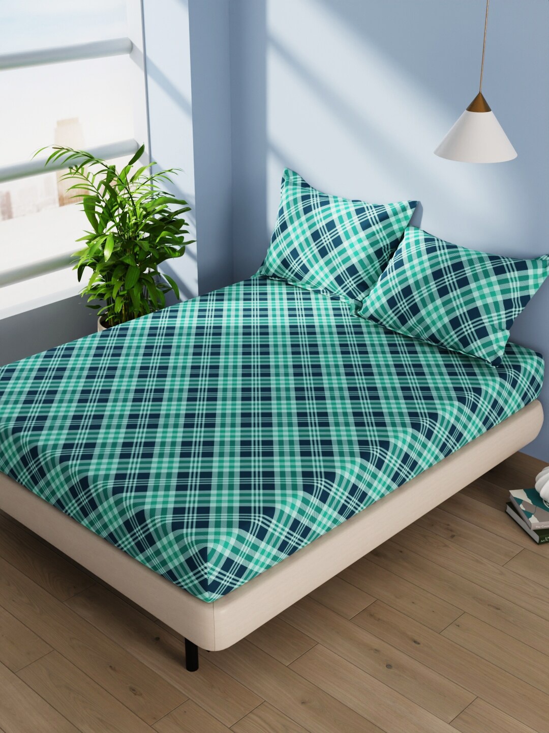 

BIANCA Serina Teal & Green Geometric Cotton 144 TC Queen Bedsheet With 2 Pillow Covers