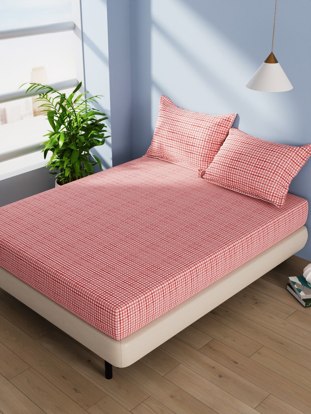 

BIANCA Serina Red & White Geometric Cotton 144 TC Queen Bedsheet With 2 Pillow Covers