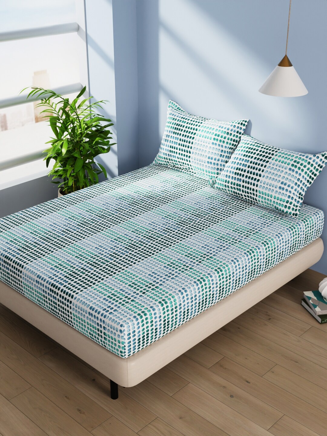 

BIANCA Serina Teal Geometric 144 TC Pure Cotton Queen Bedsheet with 2 Pillow Covers