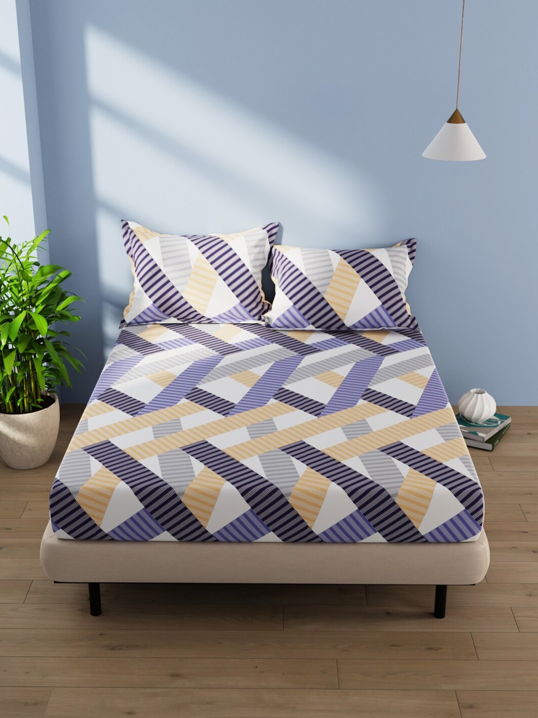 

BIANCA White & Blue Geometric Cotton 144 TC Queen Bedsheet with 2 Pillow Covers