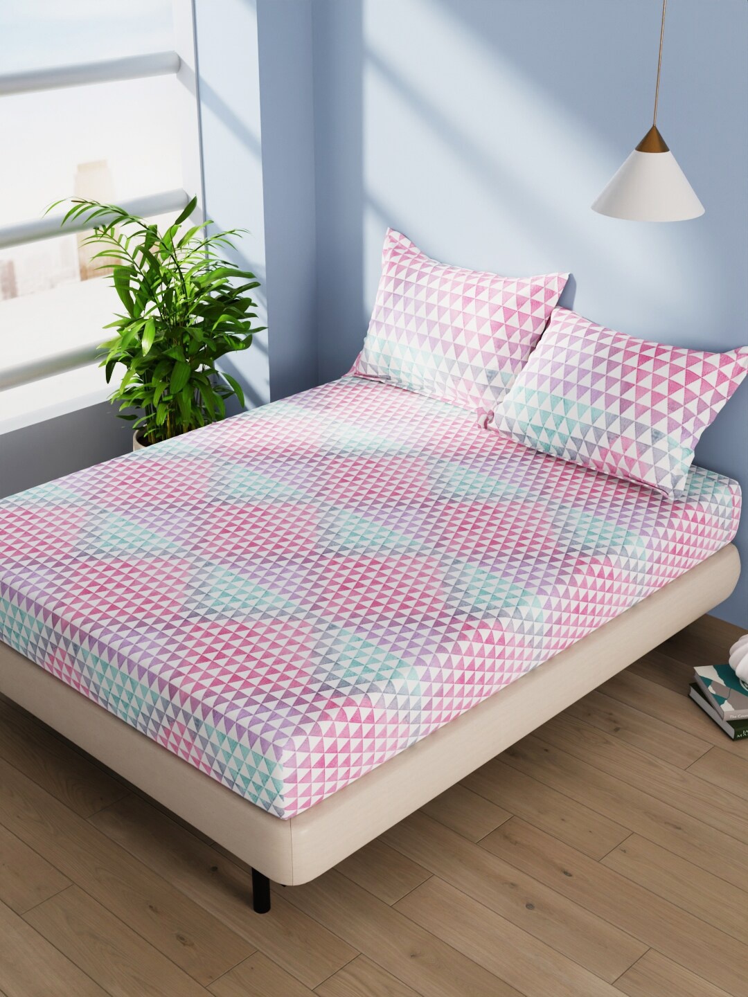 

BIANCA Serina Teal & Pink Geometric Cotton 144 TC Queen Bedsheet with 2 Pillow Covers