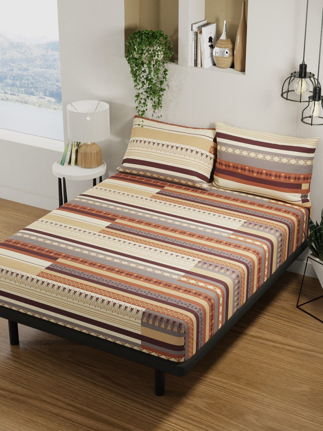 

BIANCA Platinum Beige & Brown Geometric Pure Cotton 144TC Queen Bedsheet & 2 Pillow Covers