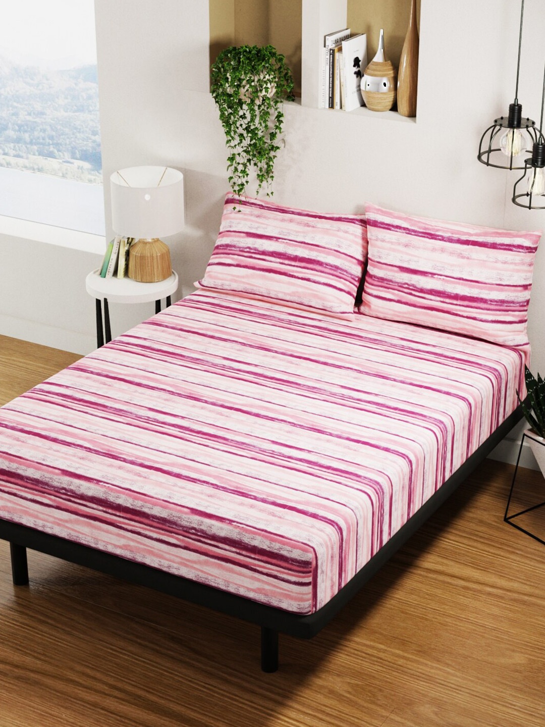 

BIANCA Coral Pink & White Striped Pure Cotton 144 TC Queen Bedsheet with 2 Pillow Covers