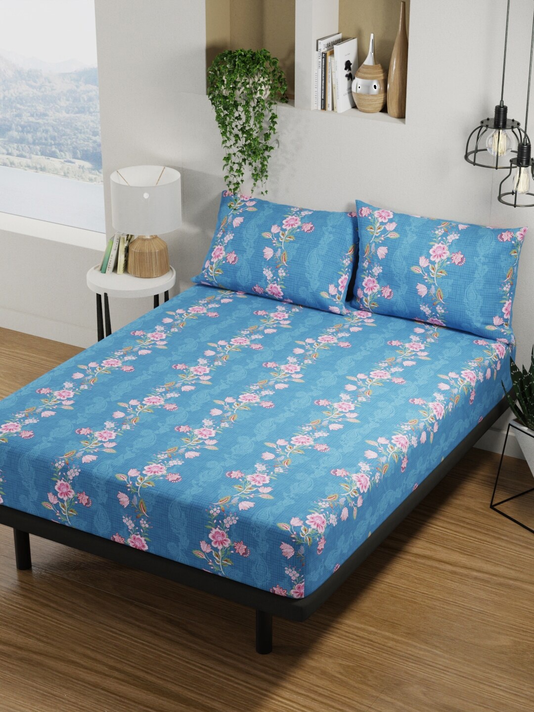

BIANCA Platinum Blue & Pink Floral Cotton 144 TC Queen Bedsheet with 2 Pillow Covers