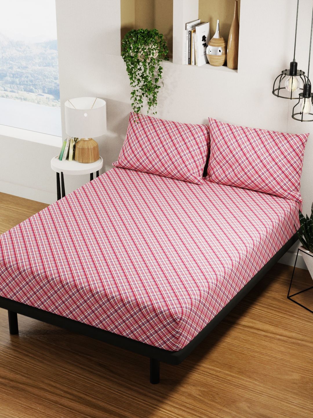 

BIANCA Platinum Red & Purple Geometric Cotton 144 TC Queen Bedsheet with 2 Pillow Covers